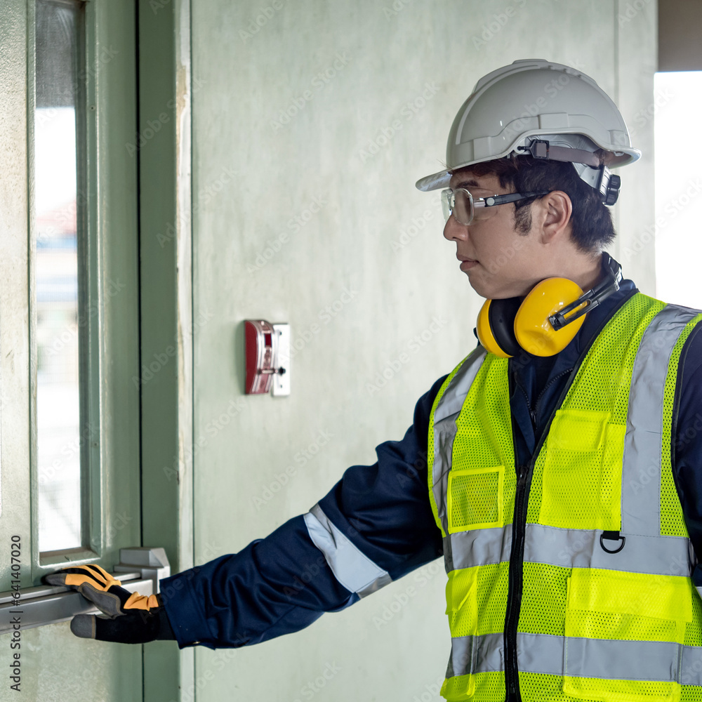 Building inspector man pushing panic bar or crash bar on fire exit door. Asian male construction worker with reflective vest, safety helmet and goggles checking door hardware for safety and security