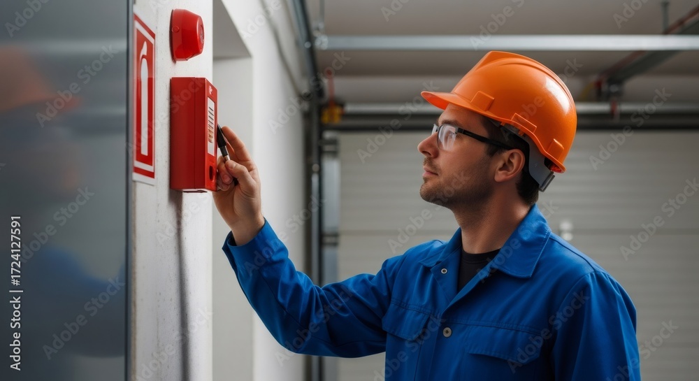 Man in hard hat inspecting a fire alarm. Worker maintains safety facilities. Fire safety system and prevention concept.